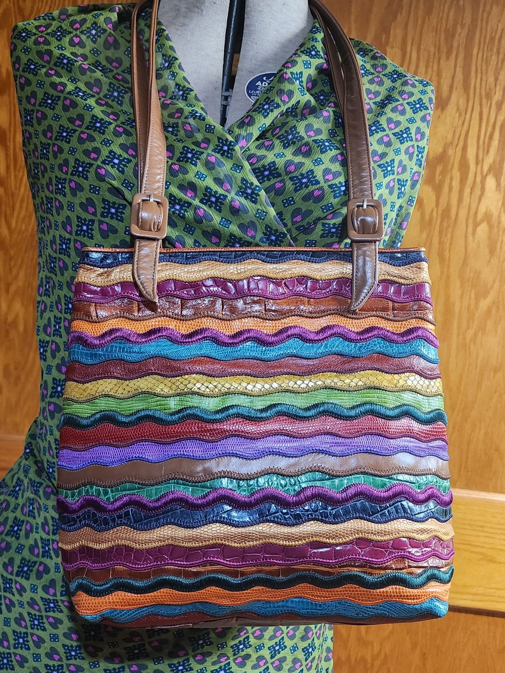 Sharif Multicolor Wavy-Stripe Shoulder Bag with Brown Handles